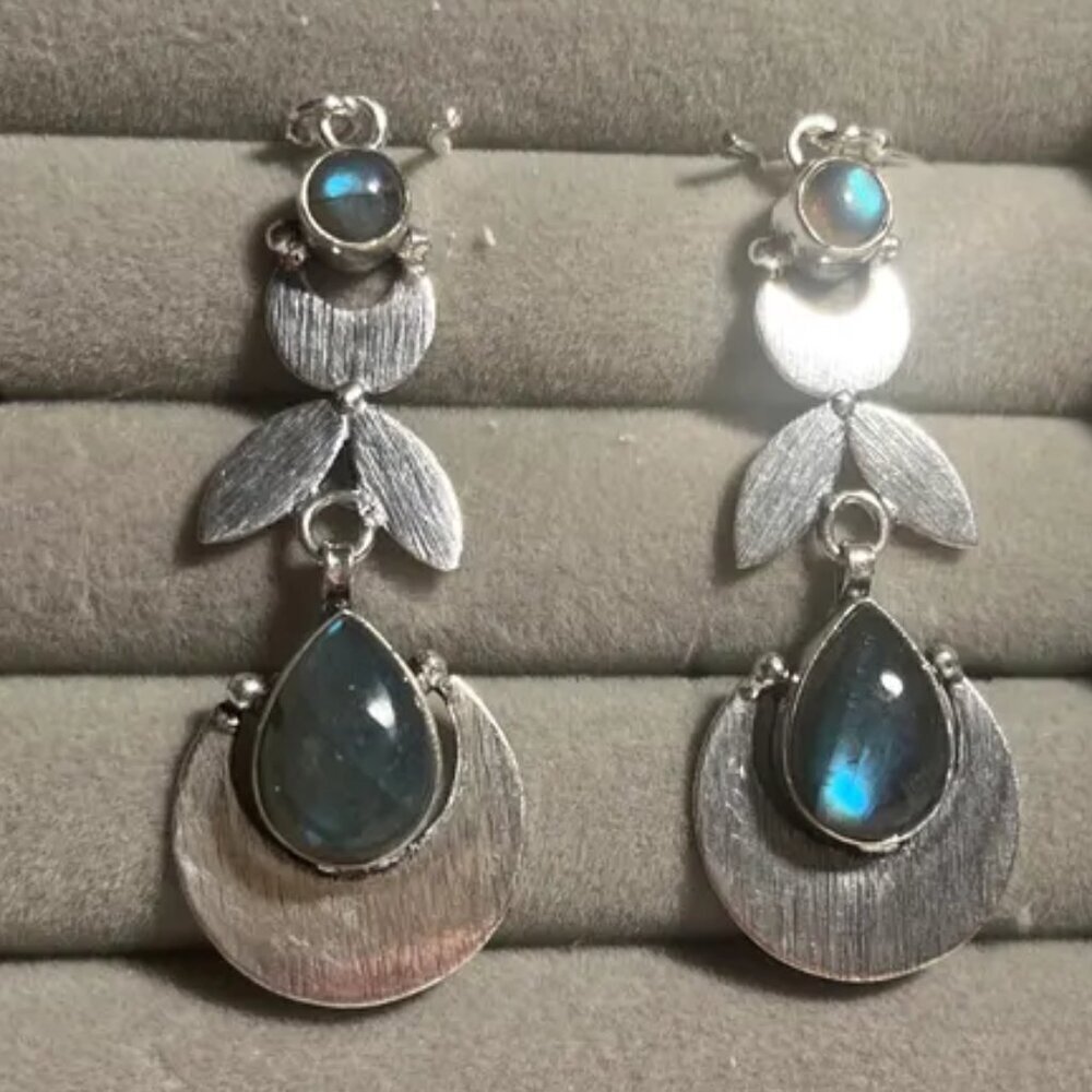 ARTISIAN Labradorite Larimar Natural Stones Silver French Hook Earrings - Picture 6 of 6